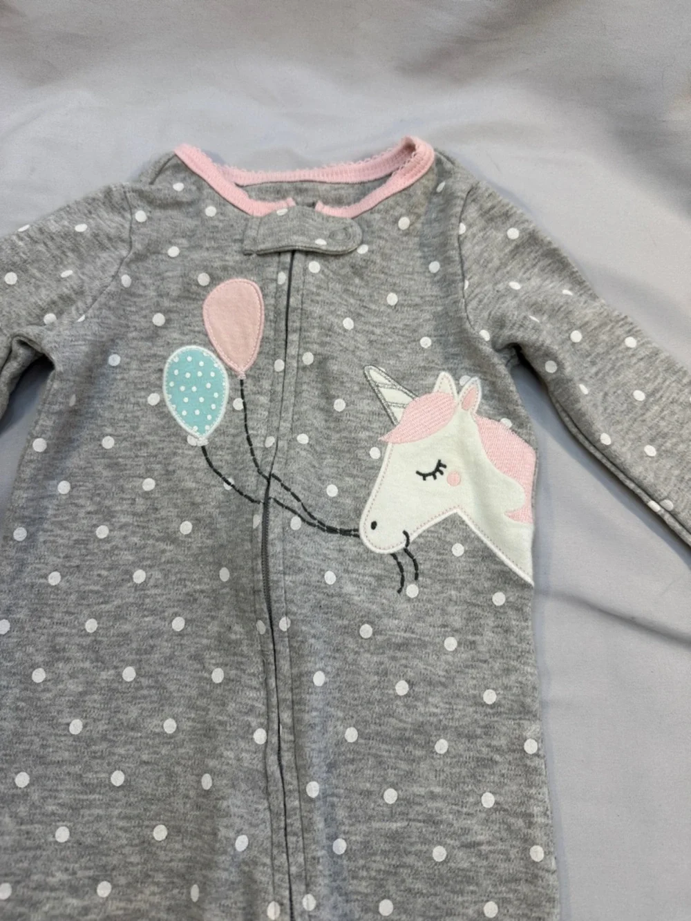 Carter's Grey Polka Dot Unicorn Footed One-Piece Sleeper/Rompwr with Pink Trim - Picture 3 of 3